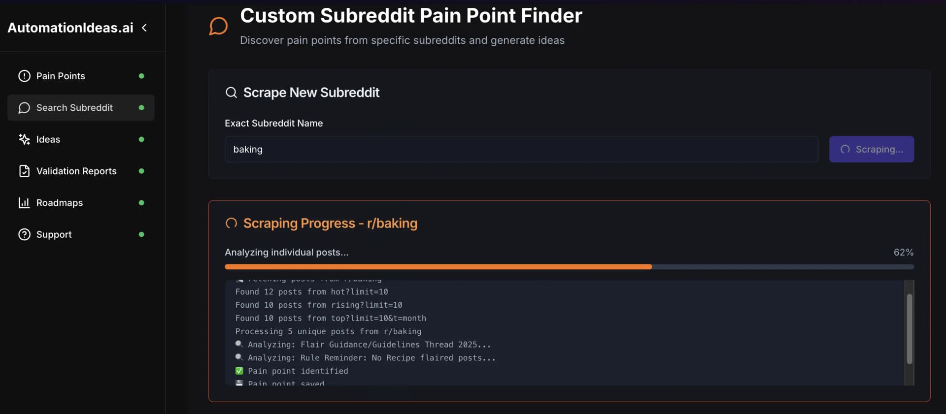 Custom Subreddit Search Tool interface showing a list of discovered pain points from various sources